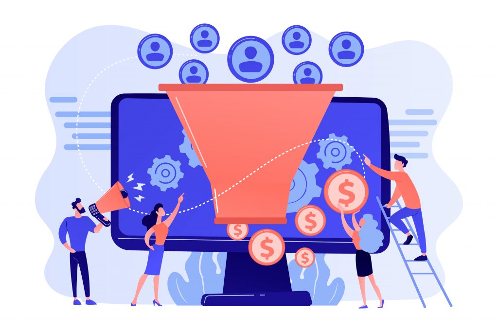 Diversos elementos em azul e laranja sendo moedas entrando em um funil, diversos elementos e pessoas ao redor da saida menor e uma tela de computador ao fundo.